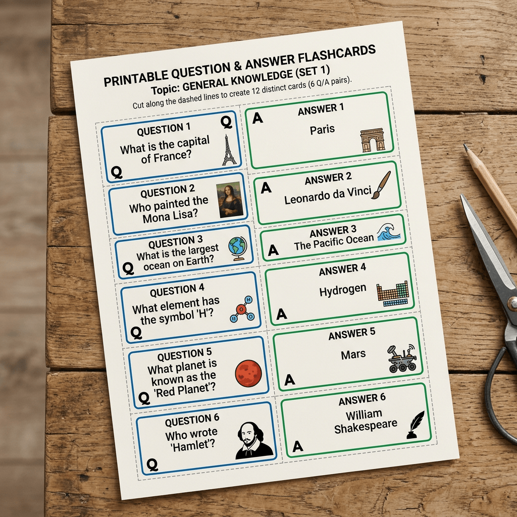 Printable flashcards with general knowledge questions and answers including capitals, artists, oceans, elements, planets, and authors.