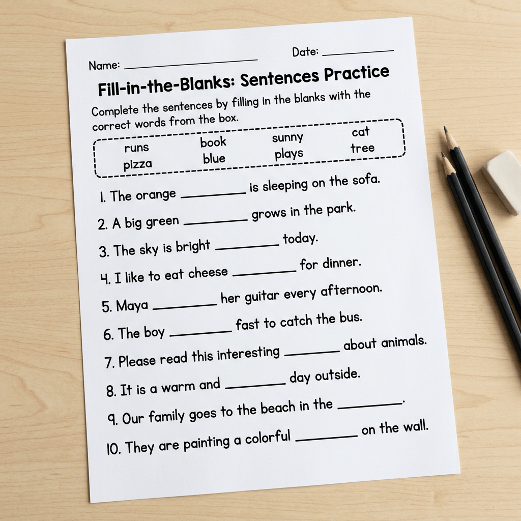 Worksheet for filling in blanks with words runs, book, sunny, cat, pizza, blue, plays, tree