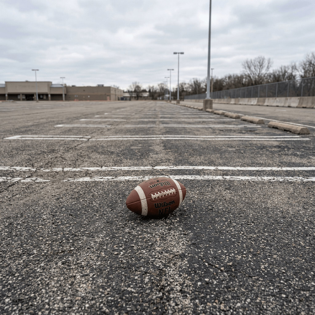 Wilson NFL football on cracked asphalt in empty parking lot with painted lines